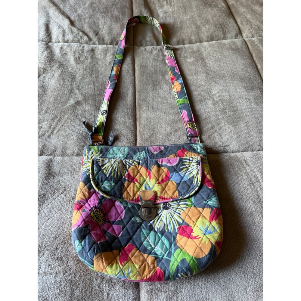 Vera Bradley Sun Valley Quilted Cotton Crossbody Bag Grey Floral Tuck Lock